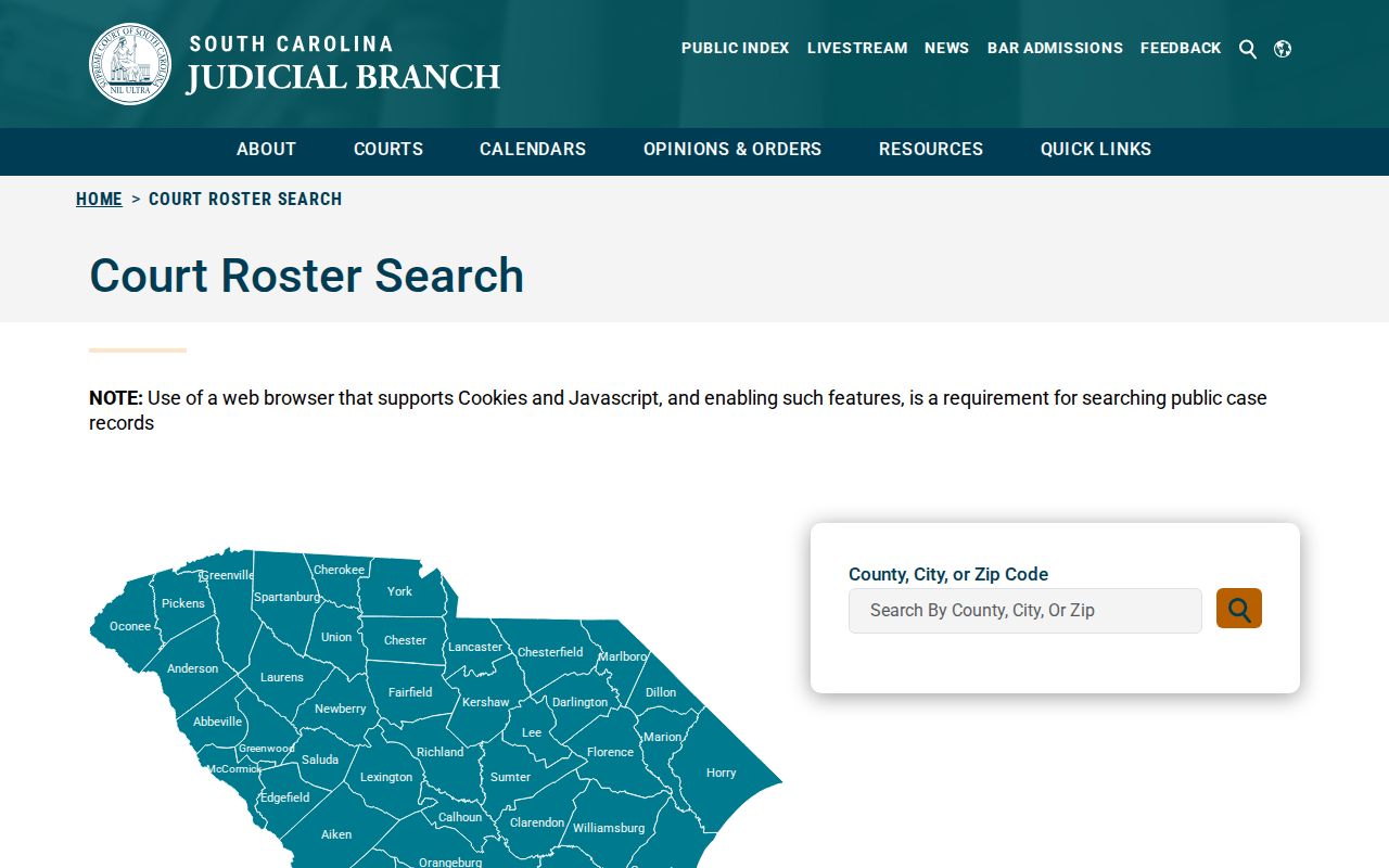 Pickens County court-roster controls for locating a warrant-issuing court