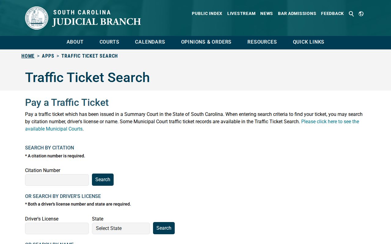 Pickens County ticket-search controls for locating citations before a warrant-status question