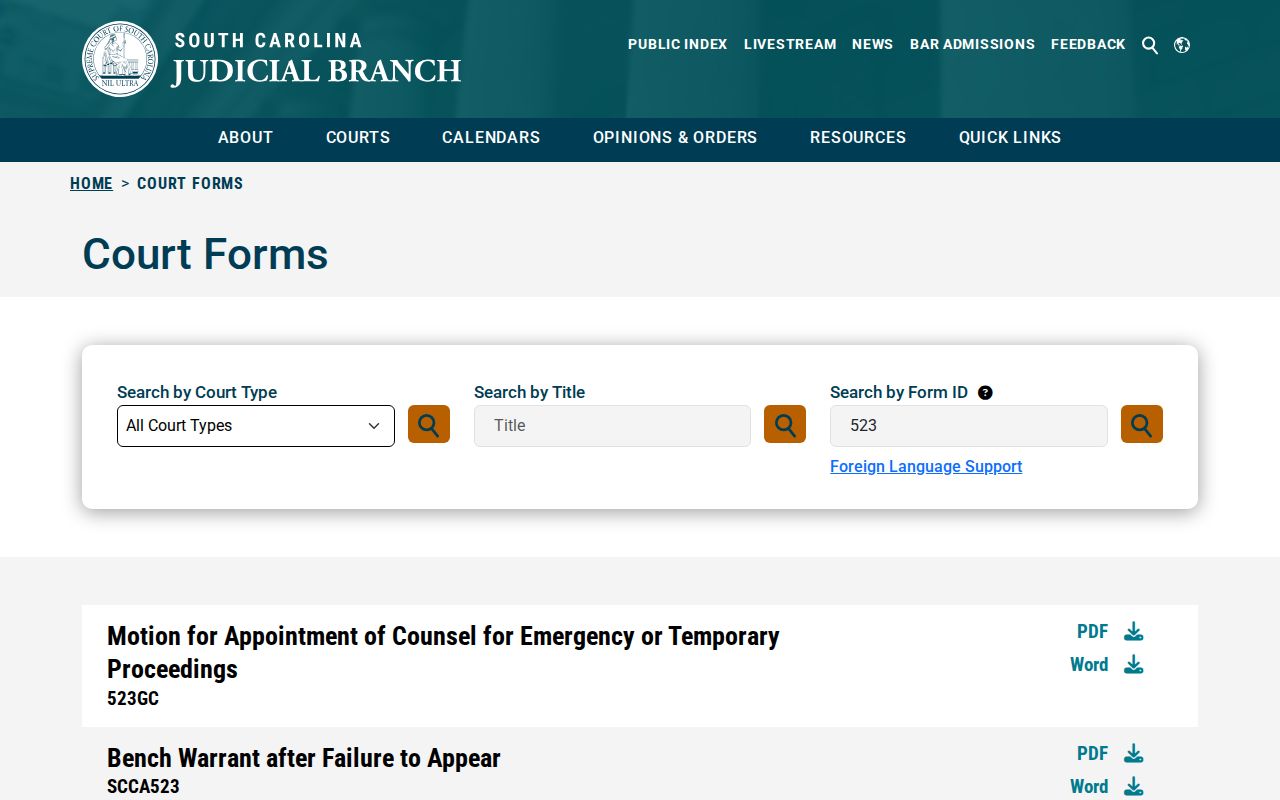 Blank South Carolina SCCA523 bench warrant form for Pickens County failure-to-appear process