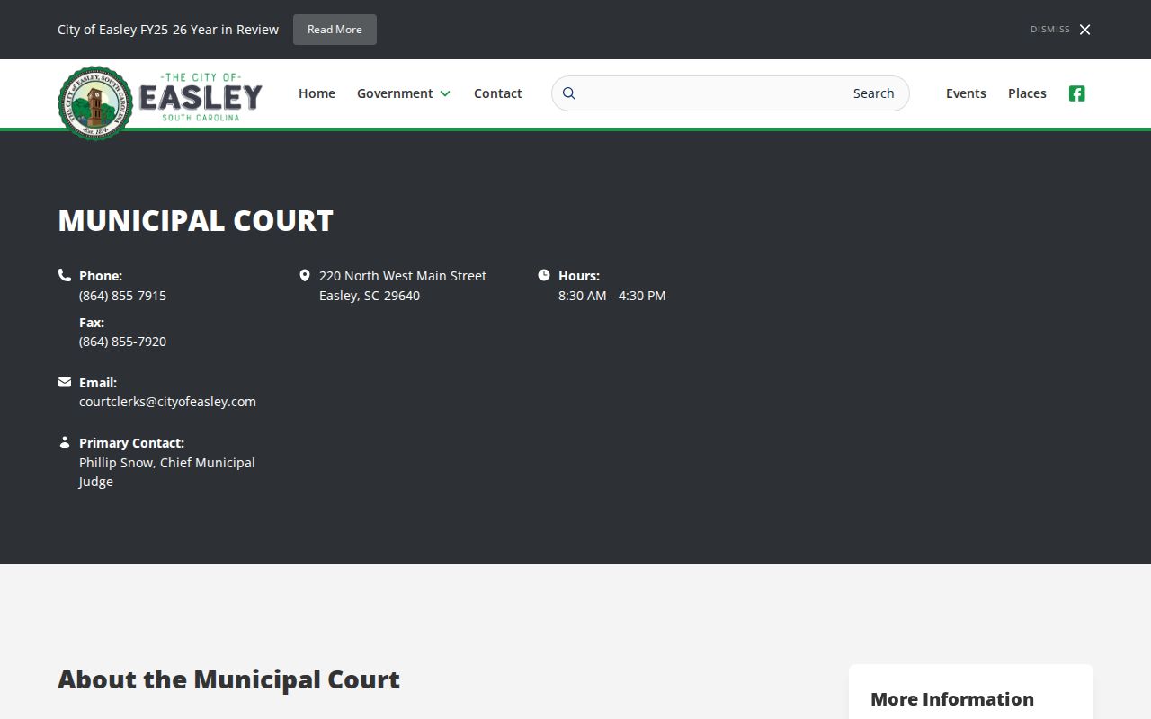 Easley Municipal Court page with Pickens County bench warrant and bond information
