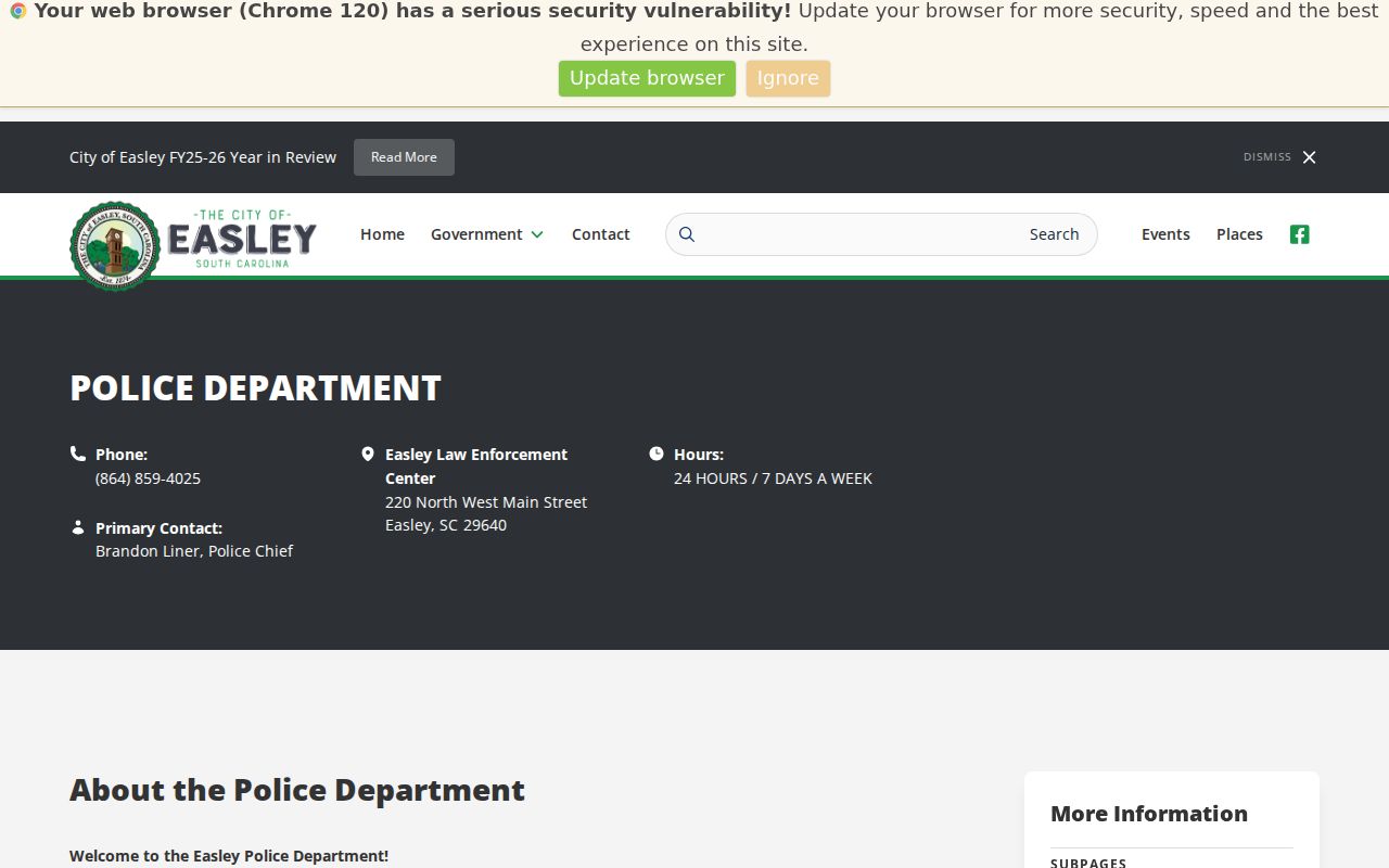 Easley Police Department for Easley warrant service and records routing