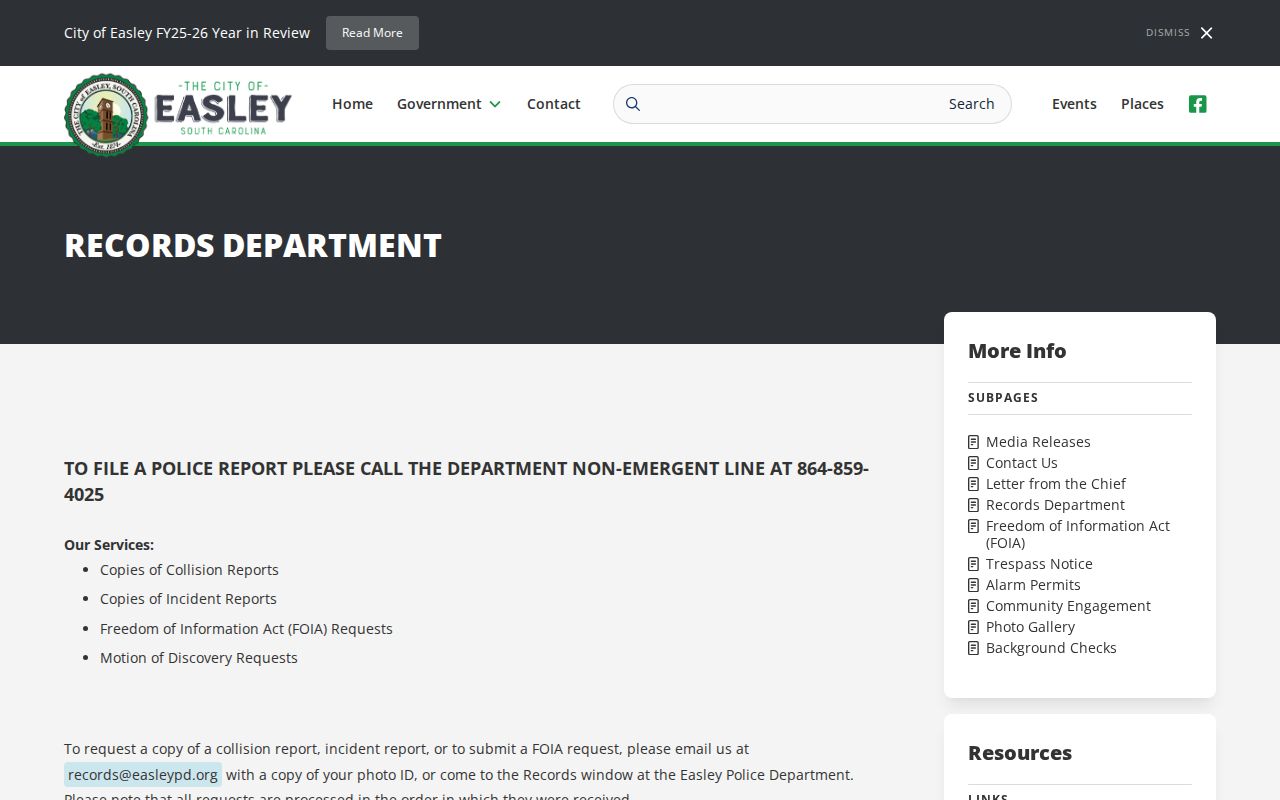 Easley Police Records request information for Easley warrant-related records