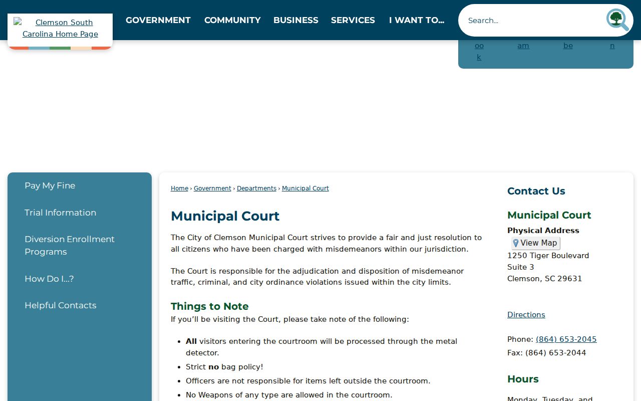 Clemson Municipal Court entrance and security information for Clemson warrant matters