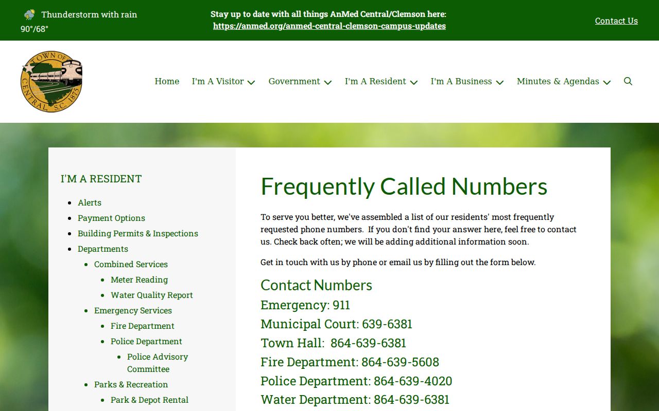 Central Municipal Court phone routing through Town Hall for municipal warrant records