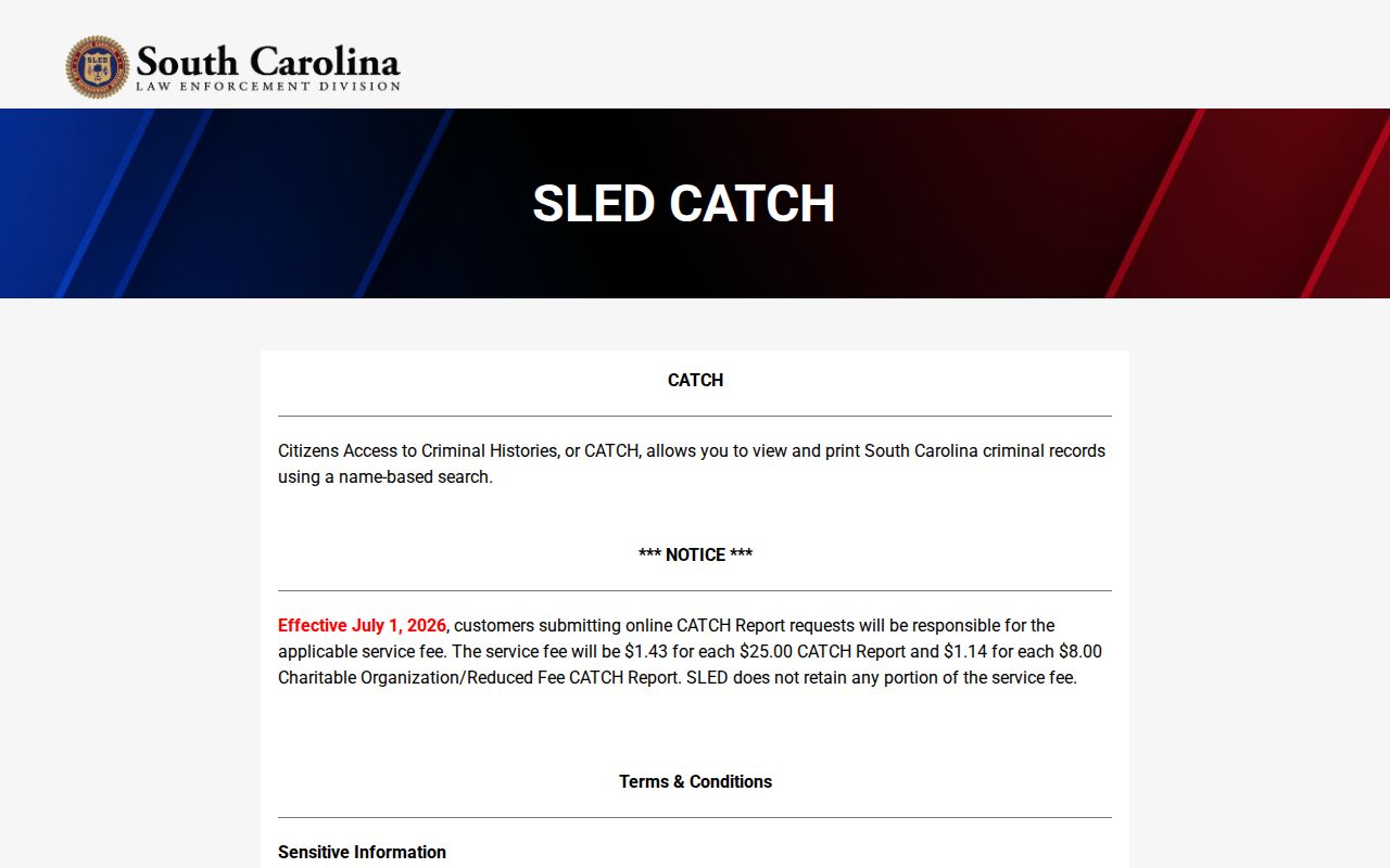 SLED CATCH criminal history search, which excludes wanted-person information for Pickens County warrants
