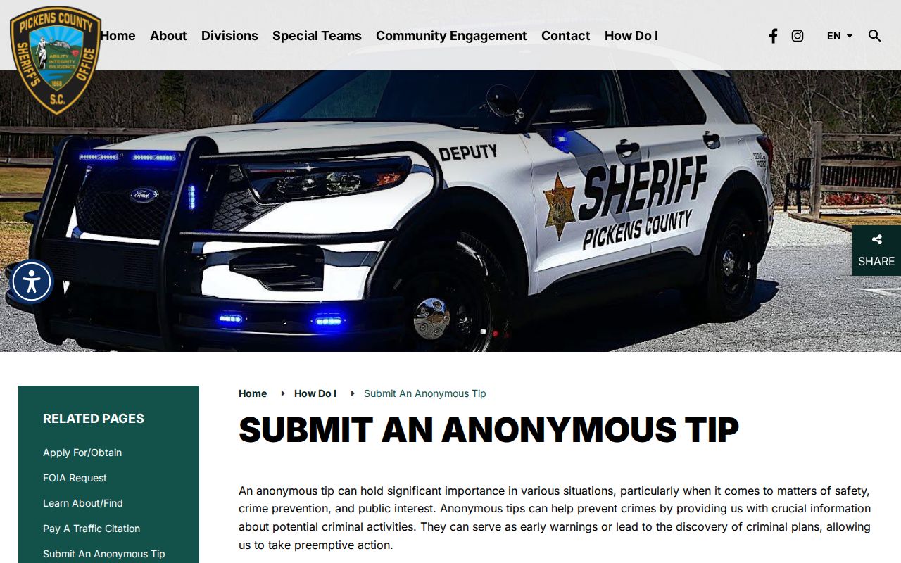 Pickens County Sheriff anonymous tip contact interface, separate from any warrant list